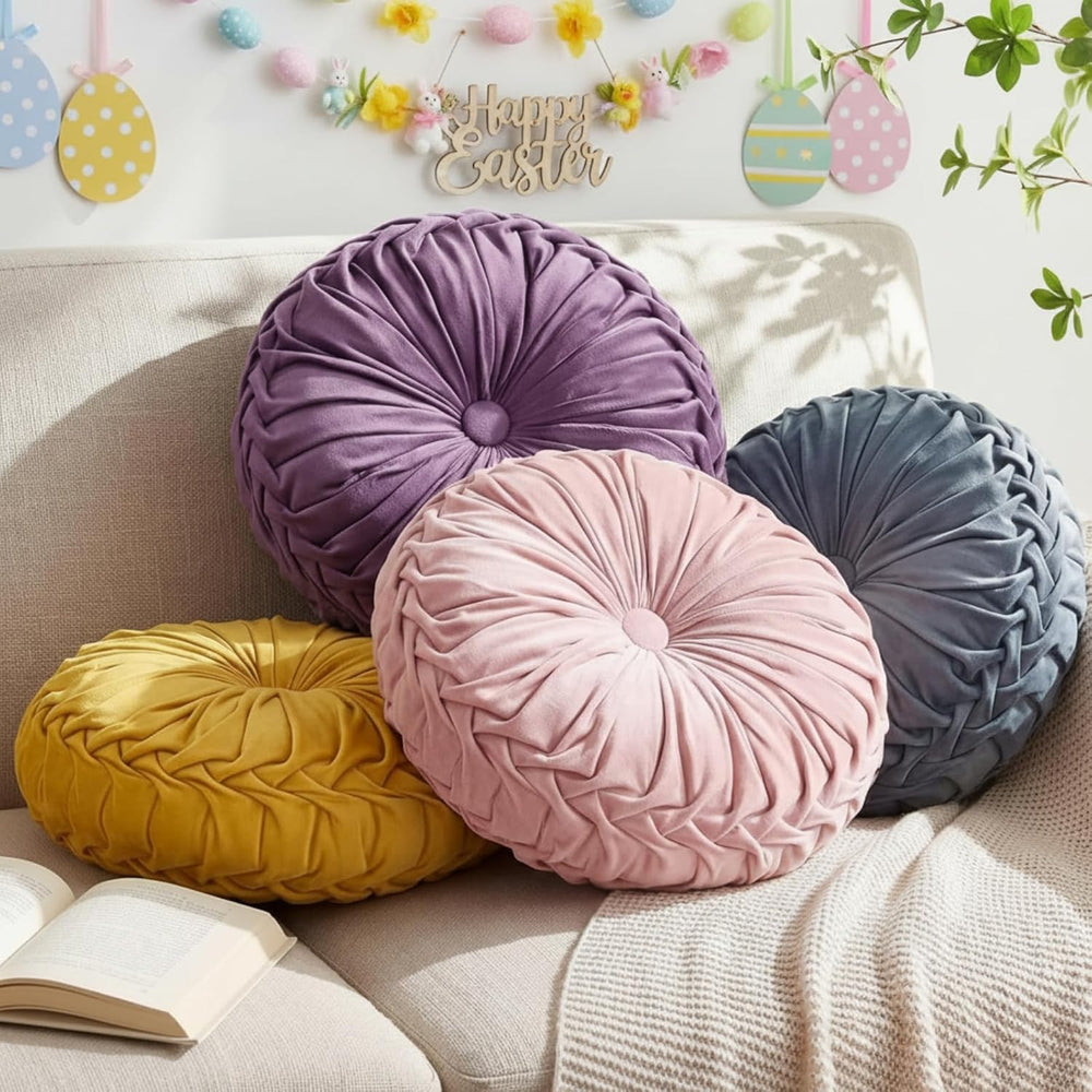 Kathfly Set of 4 Decorative Round Pleated Throw Pillows, Classy Velvet Pumpkin