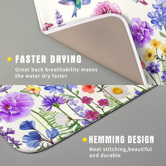 Giwawa Hummingbird Flower Dish Drying Mat 16x18 inch Watercolor Spring Herb - Image 3