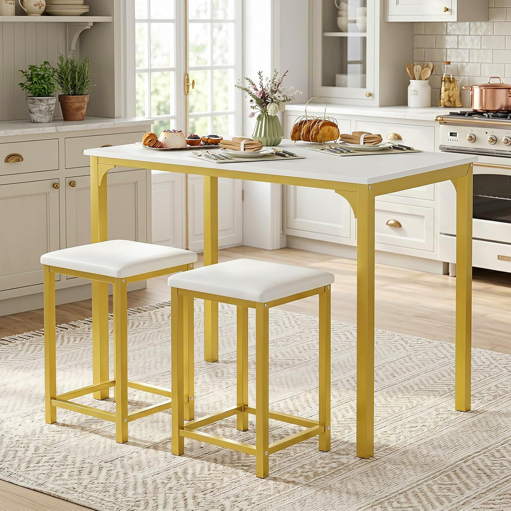 GIANTEX 3-Piece Dining Table Set for 2, Upholstered Stools (White+Gold) | Cou...