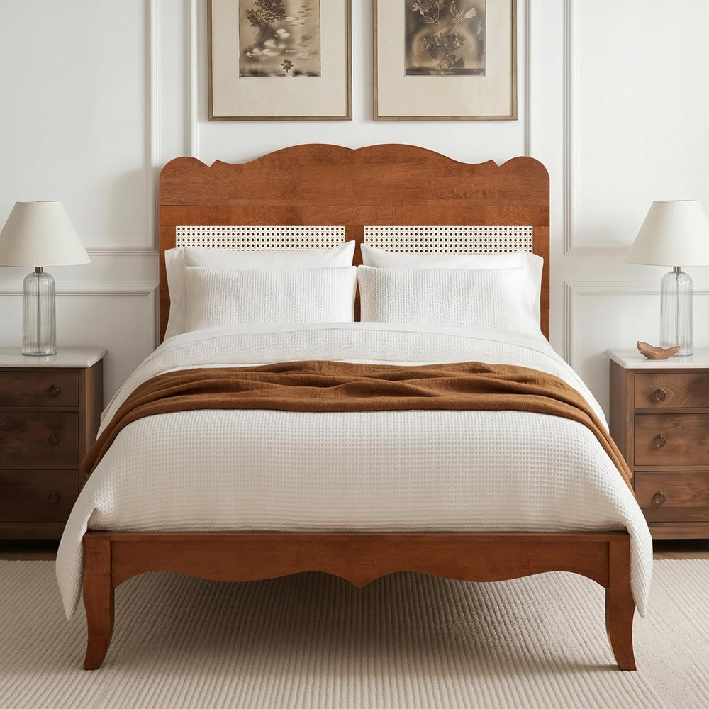 MFSTUDIO Wood Bed Frame Full Size with Adjustable Rattan Headboard