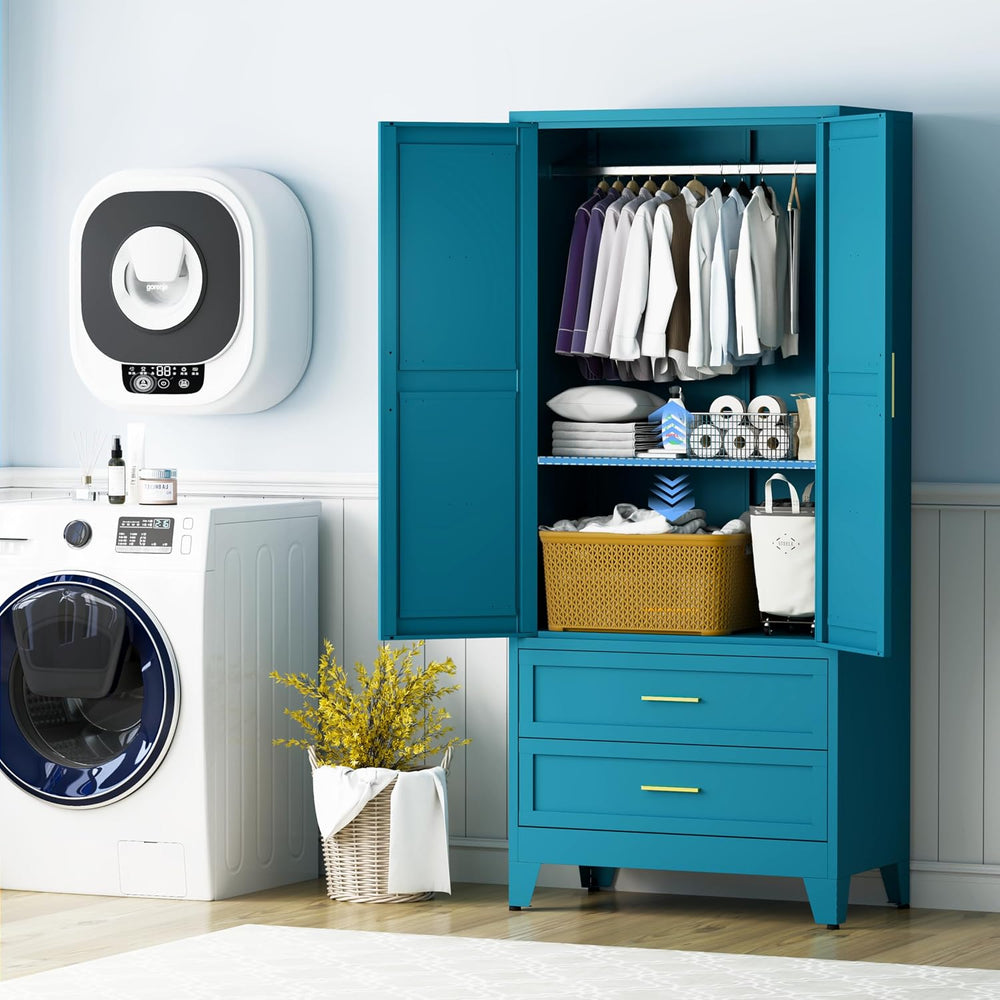 71" Metal Wardrobe Closet Clothing Storage Cabinet with 2 Drawers