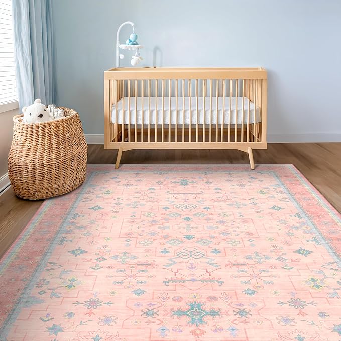 Pink Rugs for Bedroom Girls, 5x7 Washable Area Rug for Living Room Nursery Kids - Image 3
