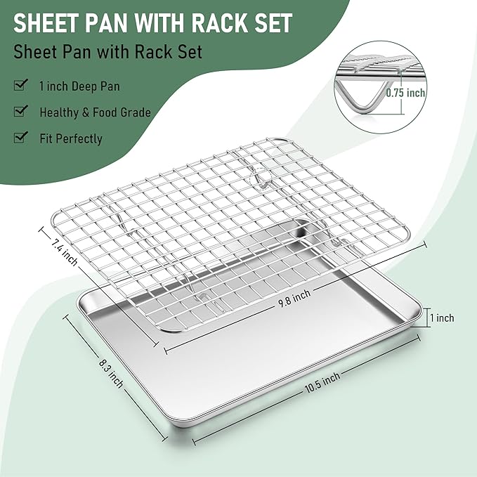 Homikit Cookie Sheet with Rack, 10 x 8 Inch Stainless Steel Small Baking Sheet - Image 2