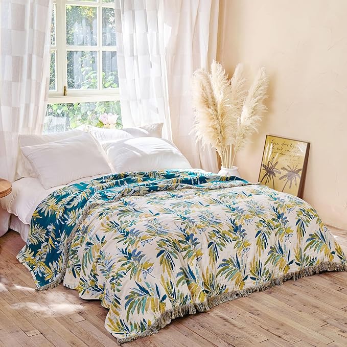 MSGKV Boho Throw Blanket for Bed Cotton 60"x80" Leaves Blanket Twin Size Couch - Image 5