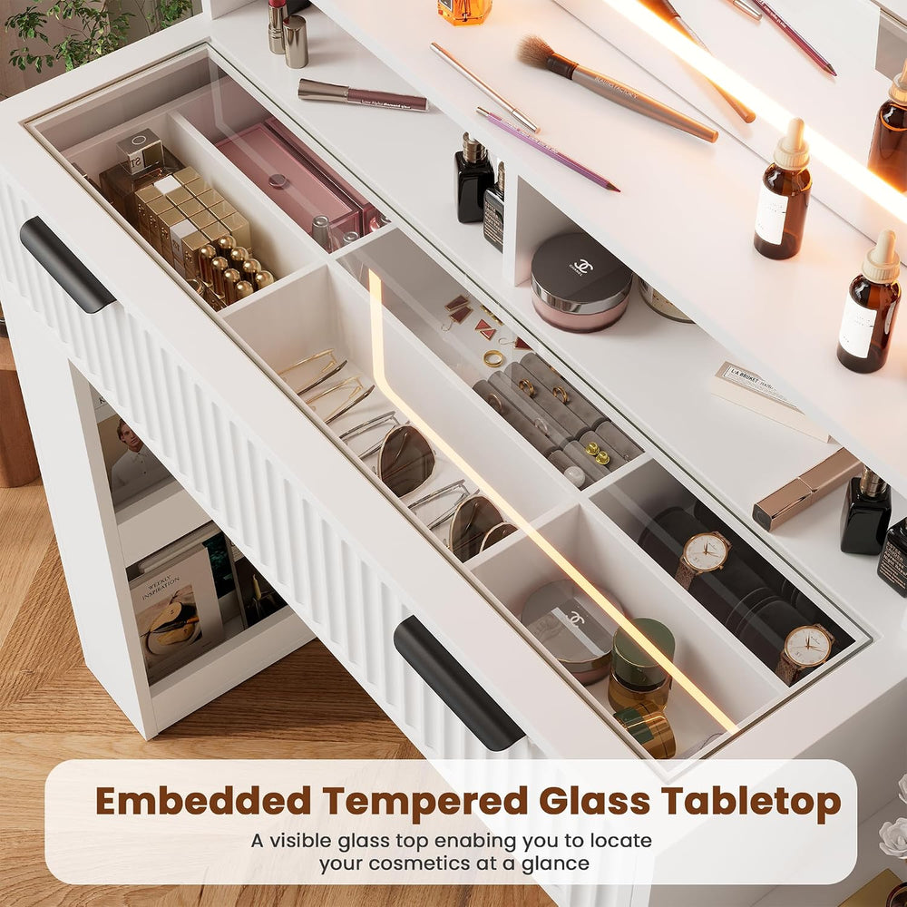 HAIOOU Fluted Makeup Vanity Desk with Mirror and Lights & Charging Statio...