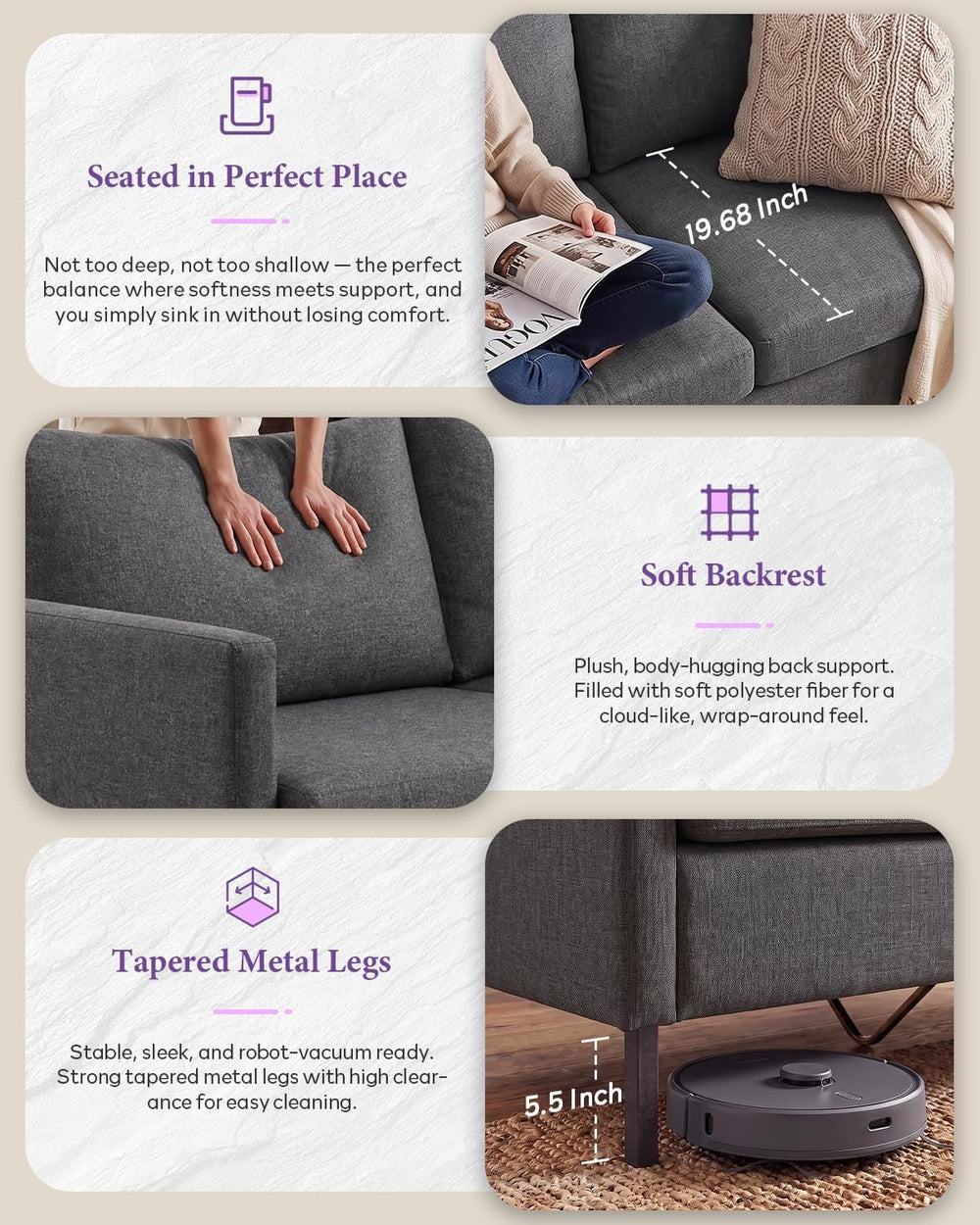 51'' Dark Grey Small Couch Loveseat, 2-Seater Linen Sofa