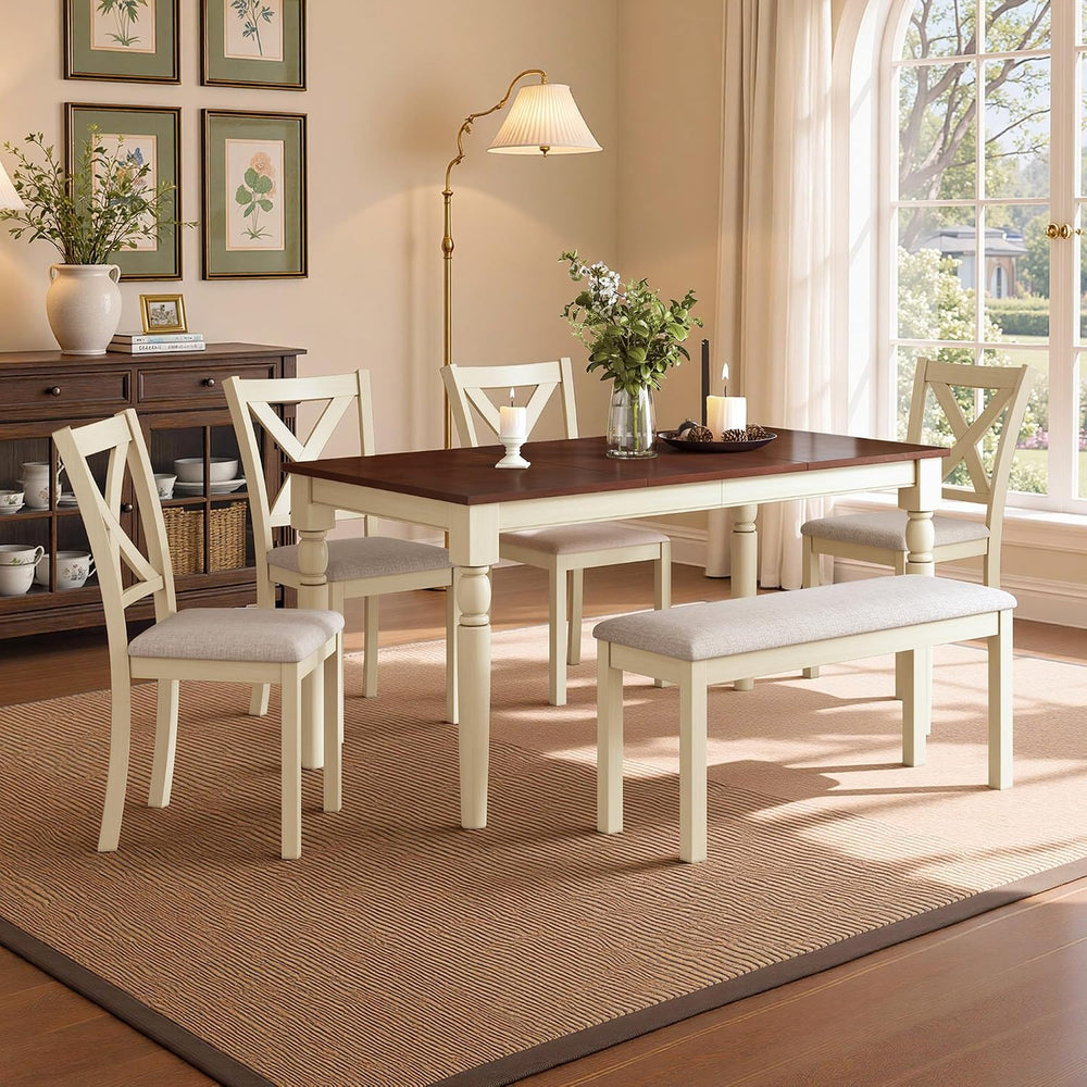 LUXOAK 6 Piece Solid Wood Dining Table Set with 60" Farmhouse Table