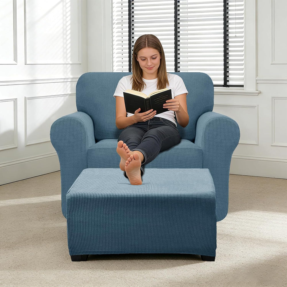 3 Piece Stretch Matching Chair and Ottoman Slipcover Set, Jacquard Arm Chair/...