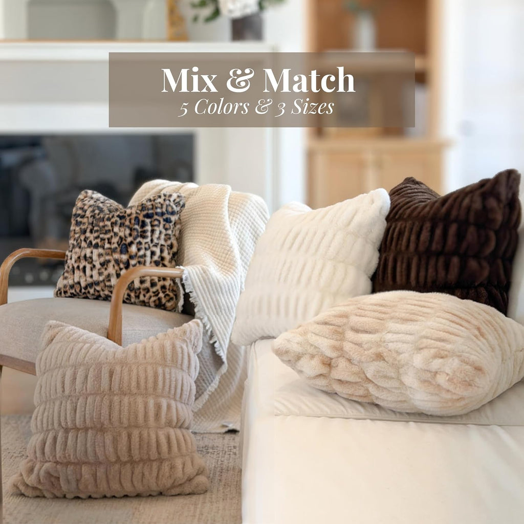 Skye's Ruched Faux Fur Pillow Covers, Set of 2, 18 x 18, Leopard | No-shed fabric, double sided, hidden zipper closure, durable inner lining, ultra-soft texture, thick and plush feel