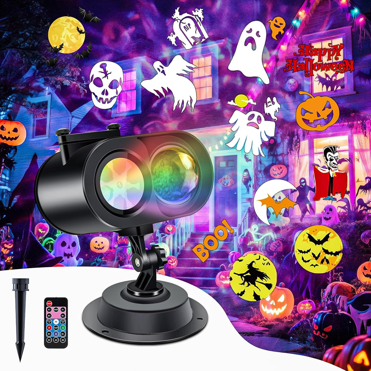 2-in-1 Halloween Projector Lights,2026 Brighter Holiday Projector Outdoor with Remote Control(Ocean Wave & Patterns), Three Fixing Methods, Timer, 12 Slide &15 Colors for Halloween/Christmas/New Year