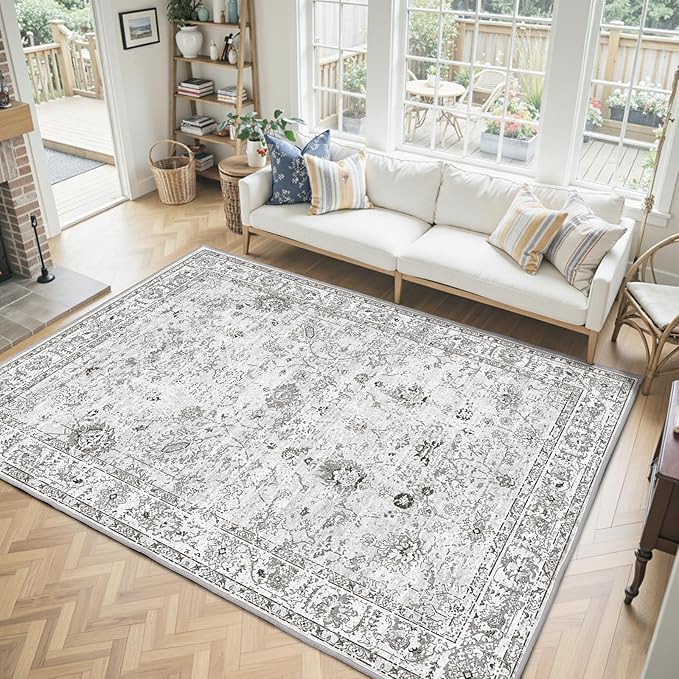Grey White Area Rugs 5x8 for Living Room Bedroom, Non-Slip Washable Rugs Stain - Image 8
