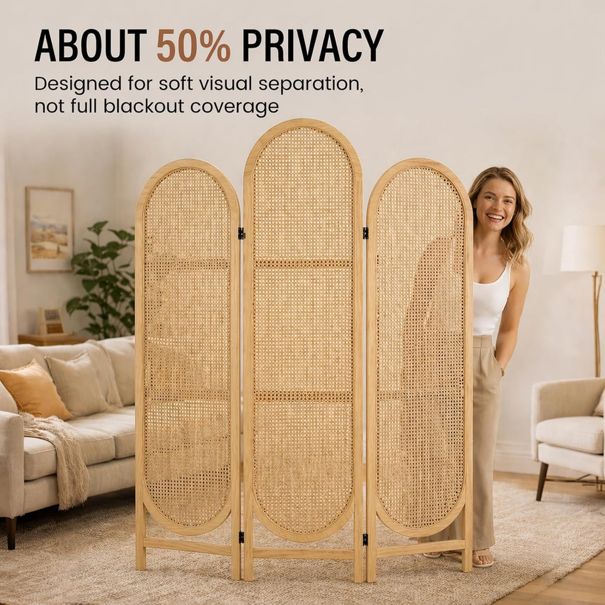 3 panel rattan room divider screen, boho folding shown in use