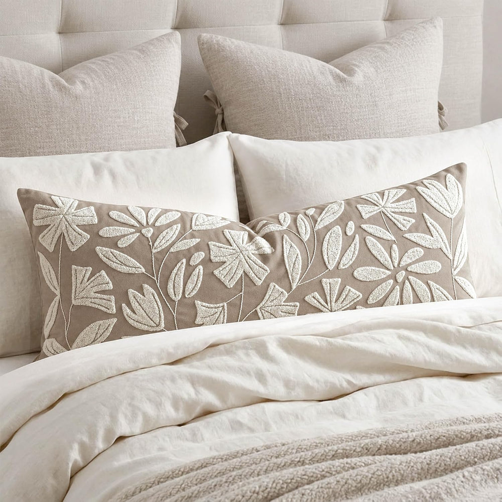 BlissBlush Long Lumbar Pillow Cover 14x36 for Bed, Light Taupe Floral Tufted ...