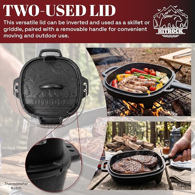 HITROCK Cast Iron Camp Dutch Oven 7QT, Pre-Seasoned Camping Dutch Oven - Image 6