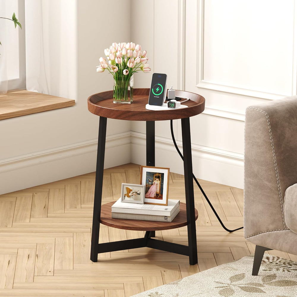 Round Industrial Side Table with Charging Station,2-Tier Round End Table with...