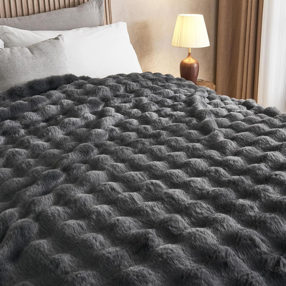 Lotus Karen Queen Size Faux Fur Blanket Dark Gray - Big Bubble Rabbit Fluff T...