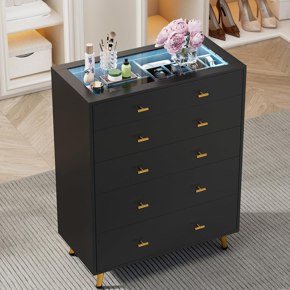 Closet Island with Drawers, Glass Top, LED Lights, Black
