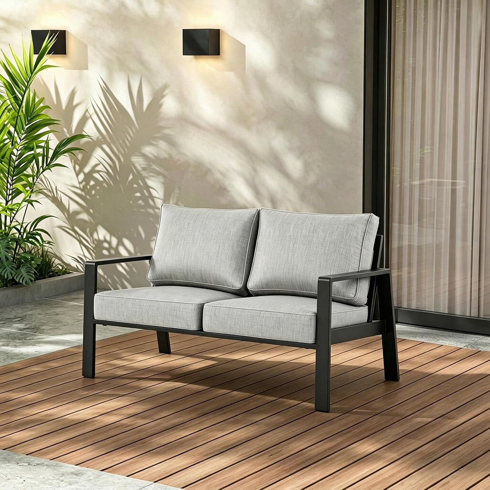 Aluminum Outdoor Loveseat, Oversized Patio Couch, Modern Sofa All Weather Met...