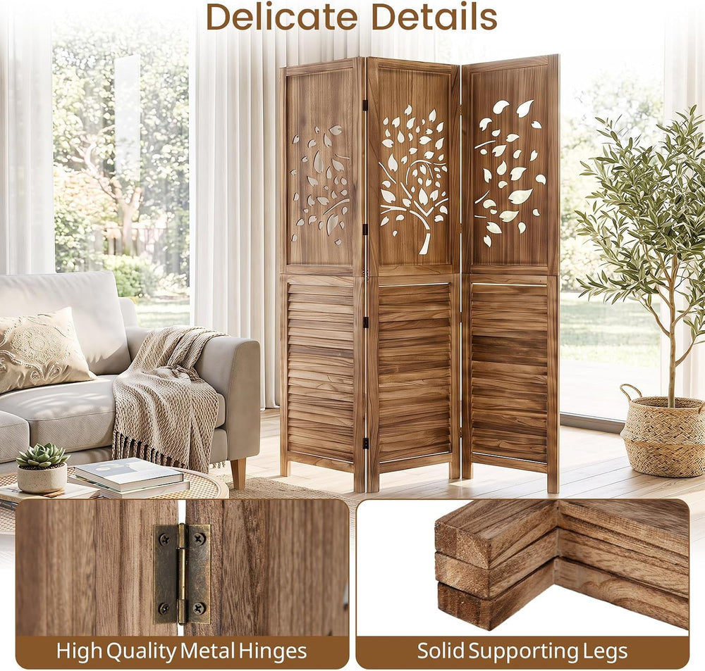 GIANTEX 3 Panel Folding Room Divider with Tree Leaf Cutout & Louvered Slats