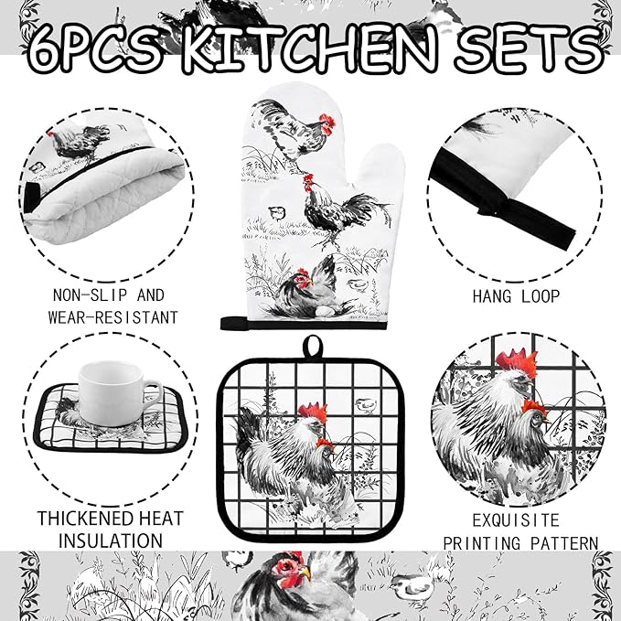 Leinuosen 6 Ink Rooster Farmhouse Kitchen Decor Dish Towels Oven Mitts and Pot - Image 5
