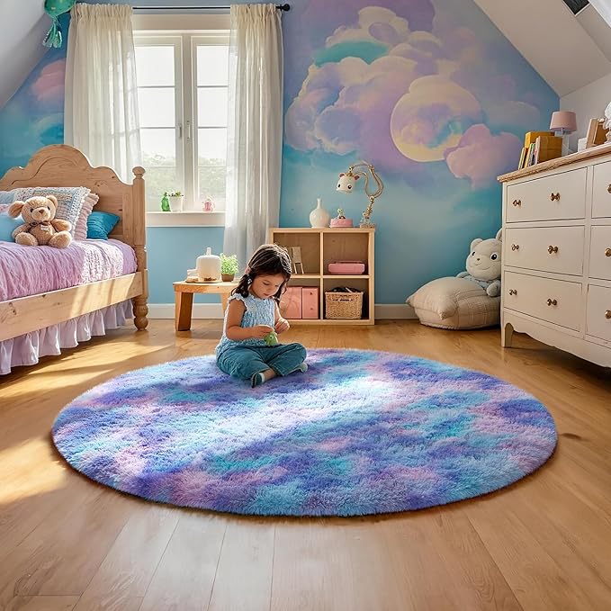Ophanie Round Rug 4Ft Tie-Dye Rainbow Purple Circle Area Rug, Fluffy Fuzzy - Image 2