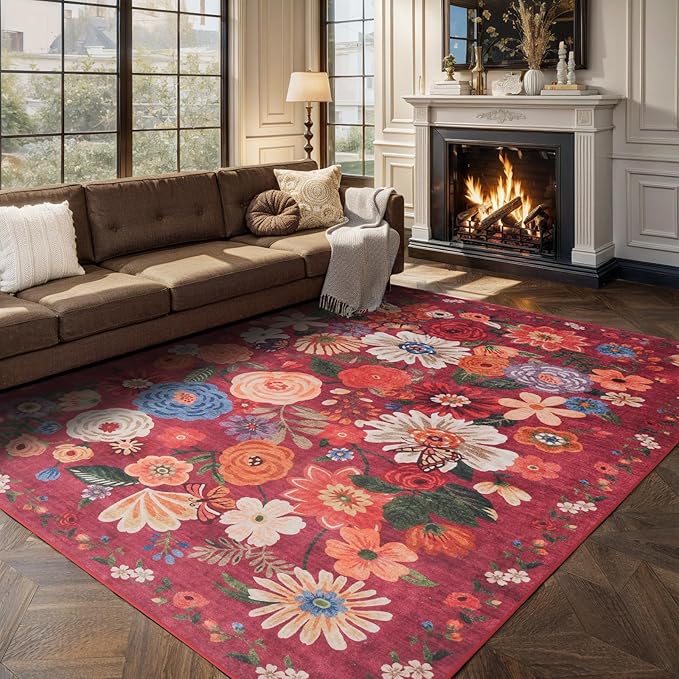 Area Rugs 10x14 Living Room, Non Slip Machine Washable Floral Rugs, Low Pile - Image 6