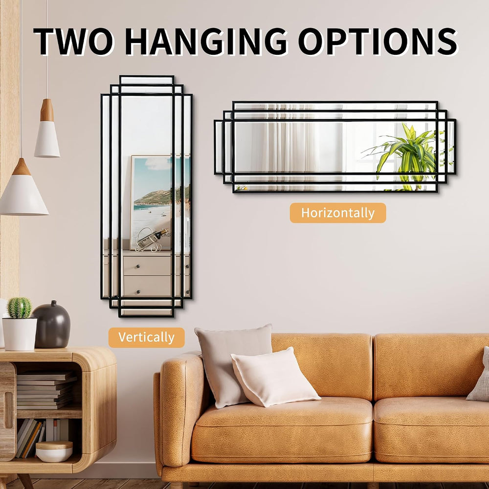 42"x16" Geometric Decorative Beveled Mirror with Black Wood Frame