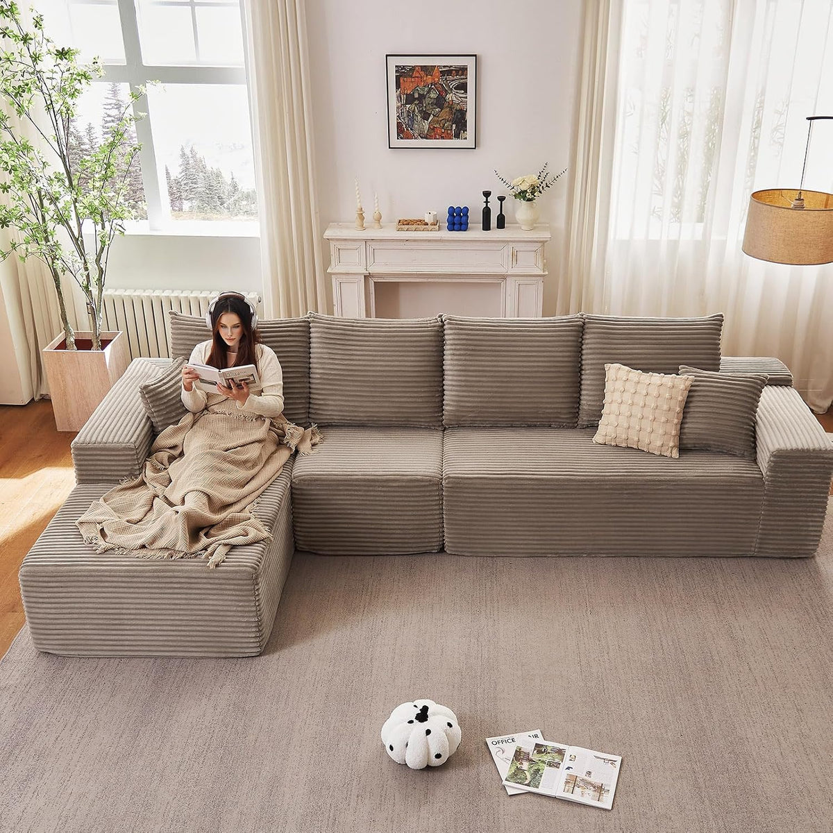 135" Cloud Sectional Couch with L-Shape Chaise, Modern Modular Comfy Sofa with Deep Seat, Upholstered Corduroy Couches Sleeper Chaise Longue for Living Room Bedroom, No Assembly Required, Camel
