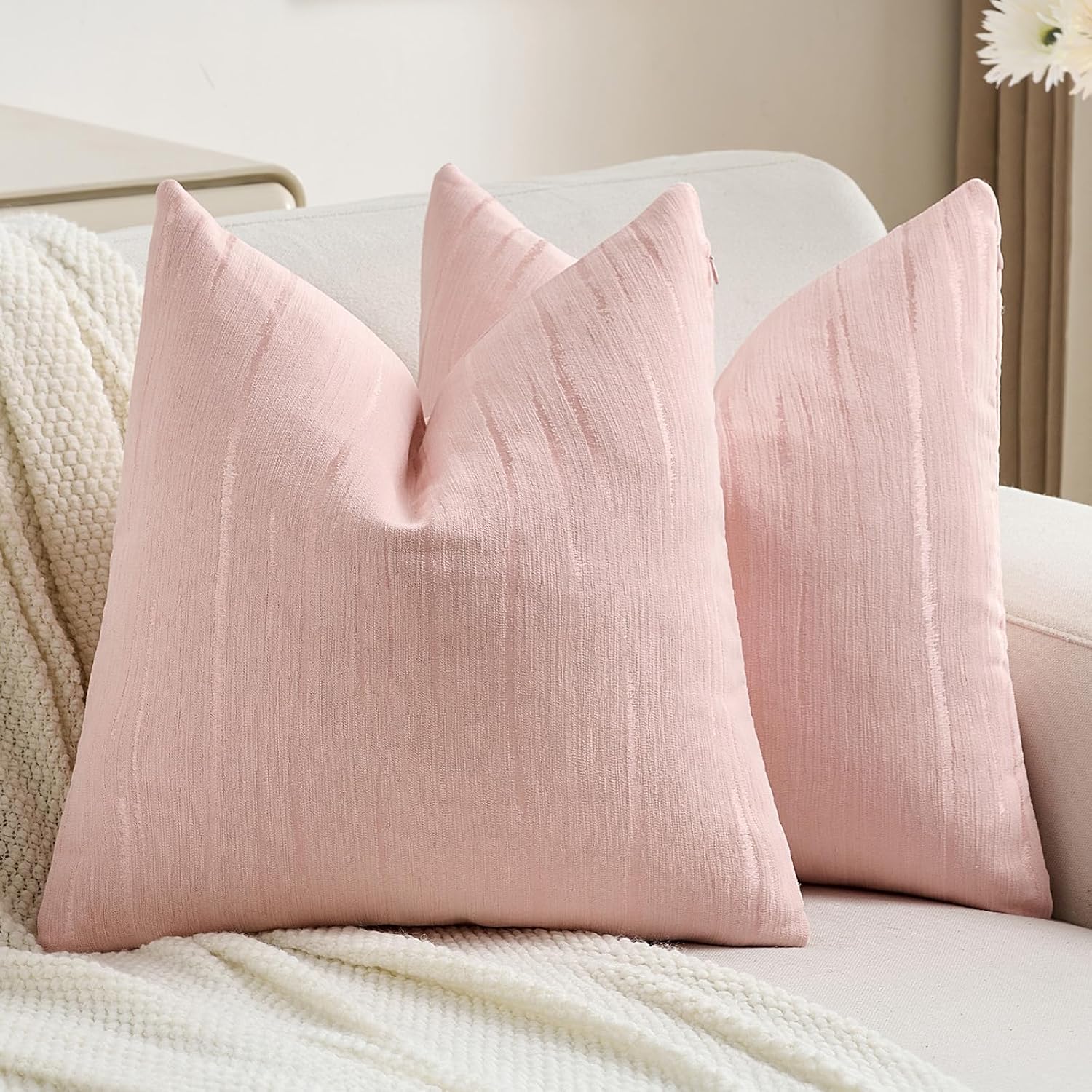 FUTEI Pack of 2 Chenille Striped Throw Pillow Covers 20x20 Inch,Pink | Soft Embossed Striped Decorative Pillow Covers,Hidden Zipper,Machine Washable,Colorfast,for Sofa Bed Living Room