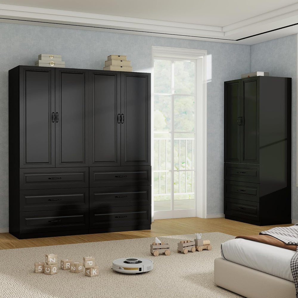 Black Armoire Wardrobe Closet with 6 Drawers, 75" Tall x 63" Wide