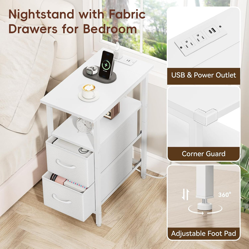 Vagusicc White Nightstand with Charging Station and LED Lights, Narrow Side T...