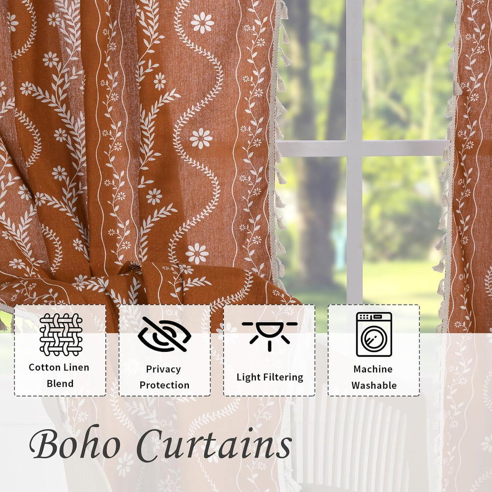Schweek Terracotta Boho Curtains 63 Inches Long 2 Panels for Kitchen