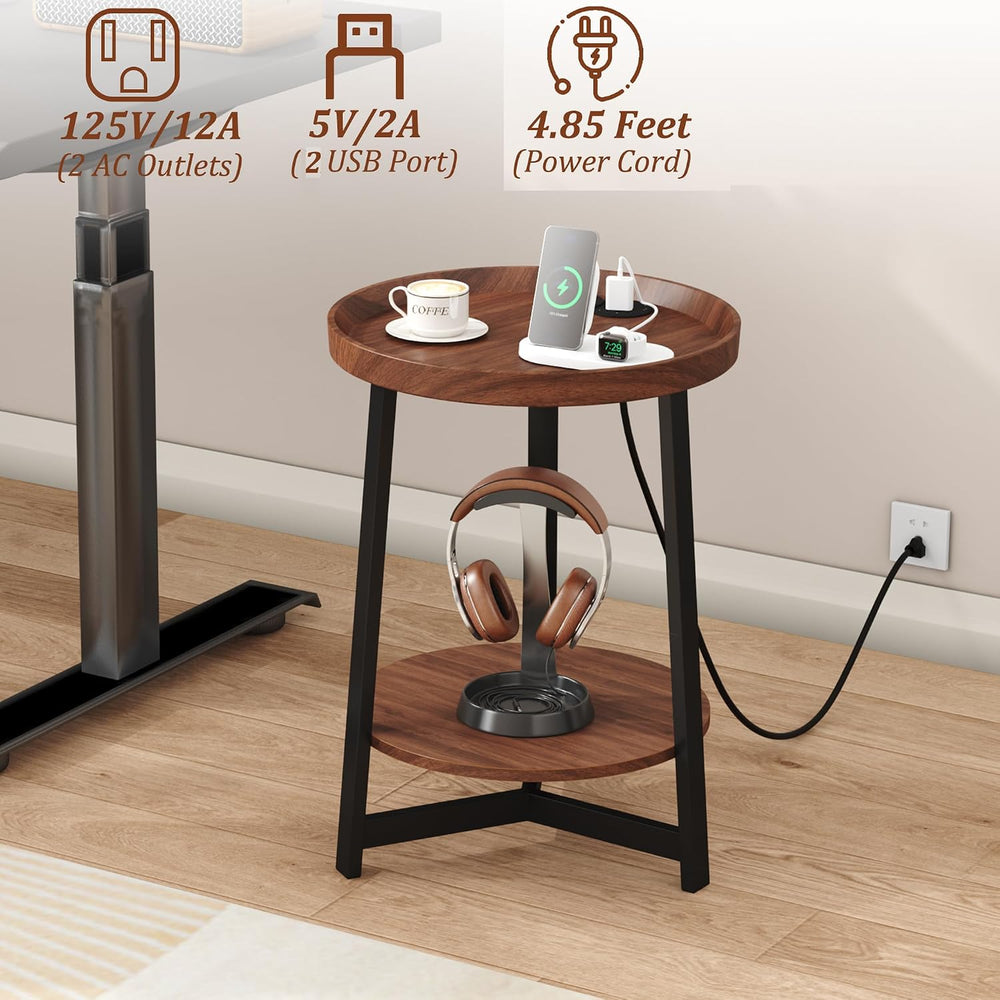 Round Industrial Side Table with Charging Station,2-Tier Round End Table with...