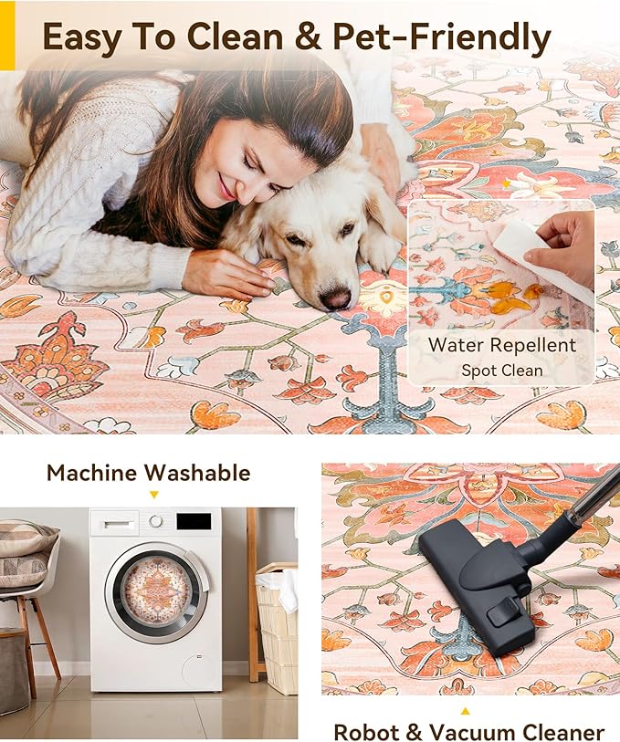 RELEANY Area Rugs 4ft Washable Non-Slip, Floral Vintage Distress Print Pattern - Image 5