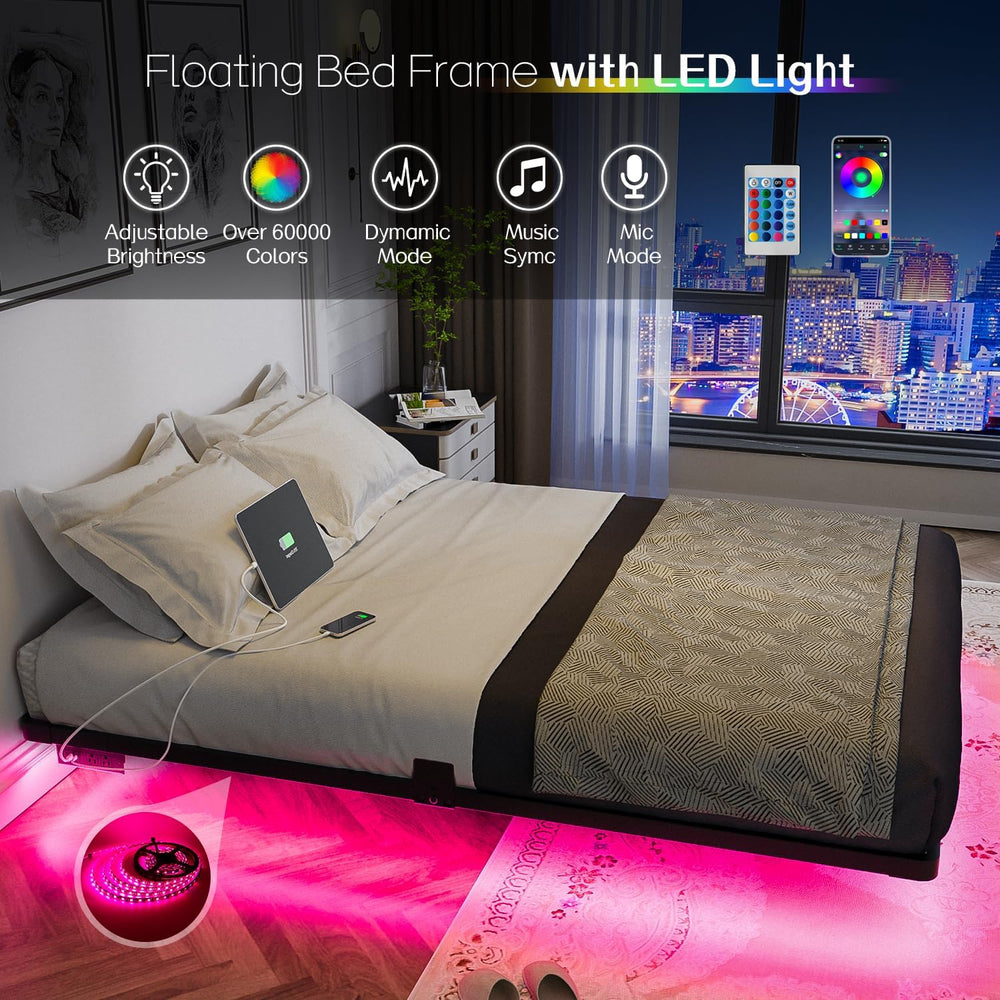 OLEVS Floating Bed Frame Full Size Metal with LED Light & Charging Station