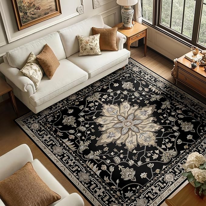 RELEANY Area Rugs Square 6ft Washable Non-Slip, Floral Vintage Distress Print by RELEANY