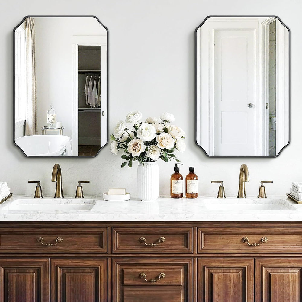 Vanity Bathroom Mirror, 20" x 30" Black Scalloped Mirror for Wall