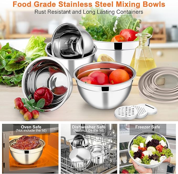 E-far Mixing Bowls Set of 5, Stainless Steel Salad Mixing Bowl - Image 7