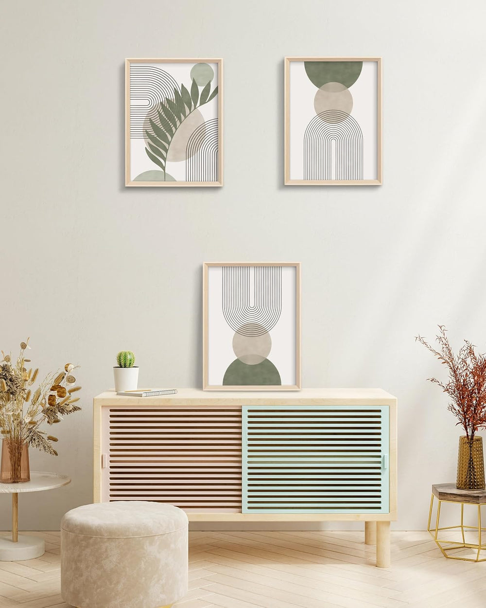 Boho Sage Green Framed Wall Art, Abstract Canvas Prints