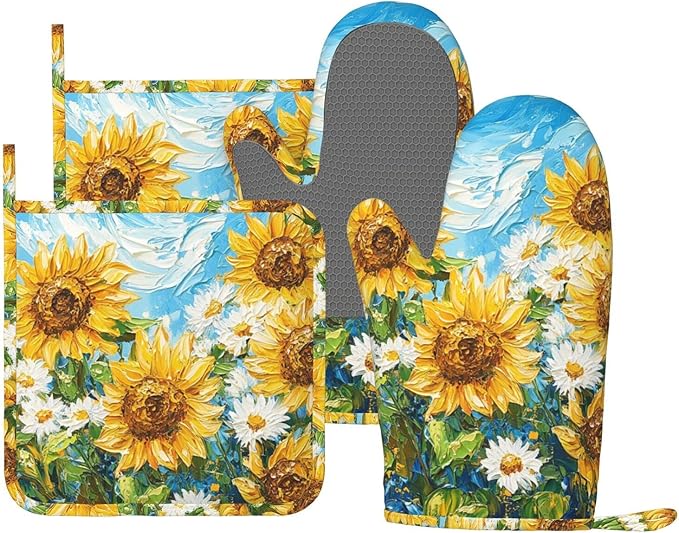 Oven Mitts and Pot Holders Sunflower Daisy Flower Art Silicone Kitchen by DADABULIU
