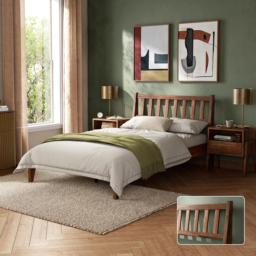 mopio Ted Full Bed Frame, Headboard, Platform Bed (Solid Wood, Slatted)