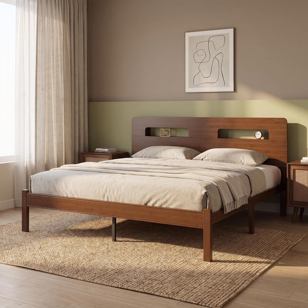 14" Bamboo Wood King Size Bed Frame with Storage Headboard