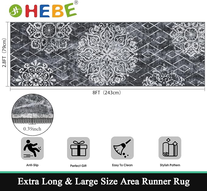 HEBE Hallway Runner Rug 2'8''x8' Washable Vintage Distressed Area Rugs Non Slip - Image 2