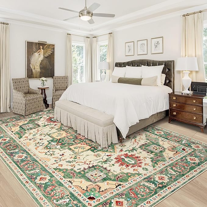 Area Rug 8x10 Washable Rug, Vintage Boho Medallion Rugs Non-Slip Soft Low Pile - Image 2