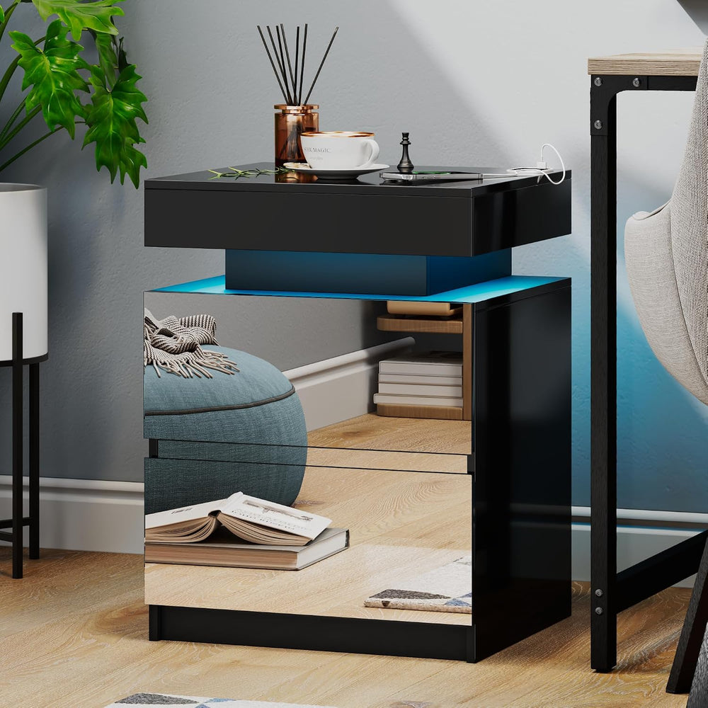 LED Mirrored Nightstand with Charging Station, Bedside Table, Black