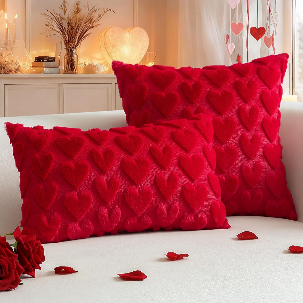 Artscope Valentines Pillow Covers 18x18 Set of 2 Decorative Love Heart Valentines Day Throw Pillow Cases Soft Plush Faux Fur Couch Cushion Case for Holiday Sofa Bed Room Home Decor-Red Heart