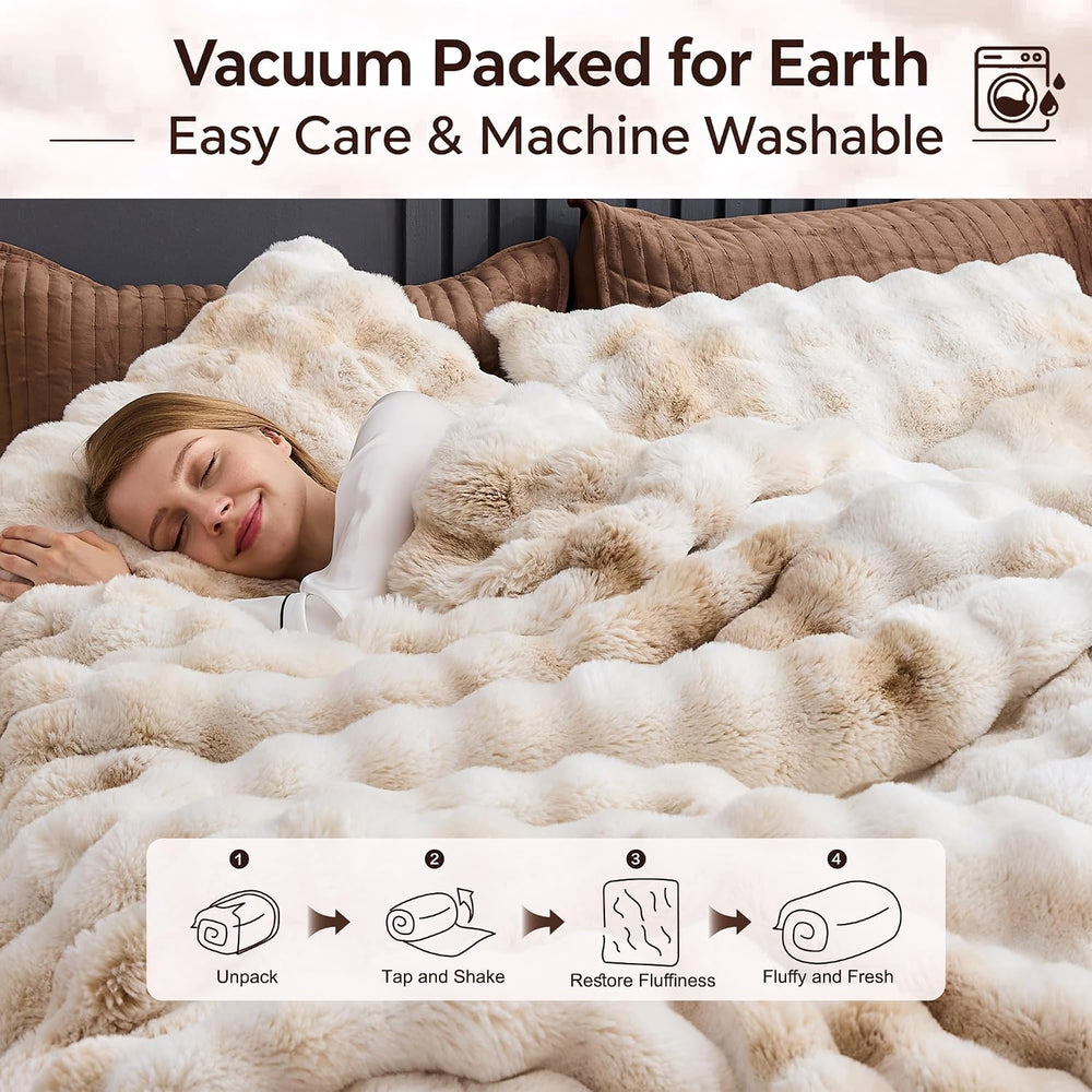 Wonderful - 3D Bubble Tie Dye Faux Rabbit Fur Comforter Set, Queen, Beige