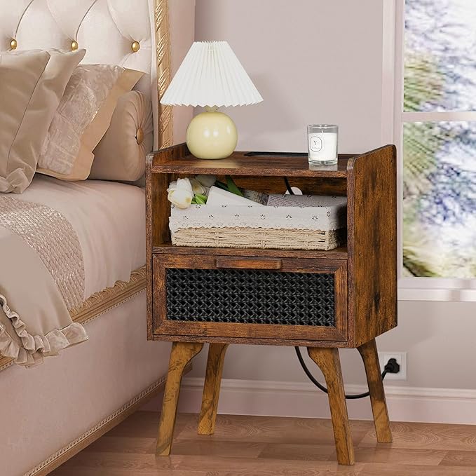 Lerliuo Rattan Nightstands Set of 2 with Charging Station, Boho Side Table wi...