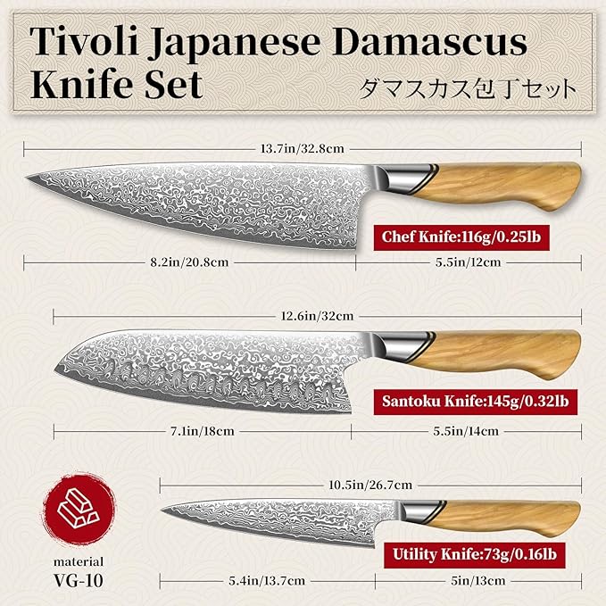 TIVOLI Damascus Kitchen Knife Set, VG-10 Damascus Santoku Paring Knife - Image 7