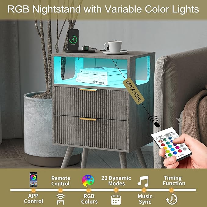 Nightstand with Charging Station and LED Lights,Modern Bedside Table with 2 S...